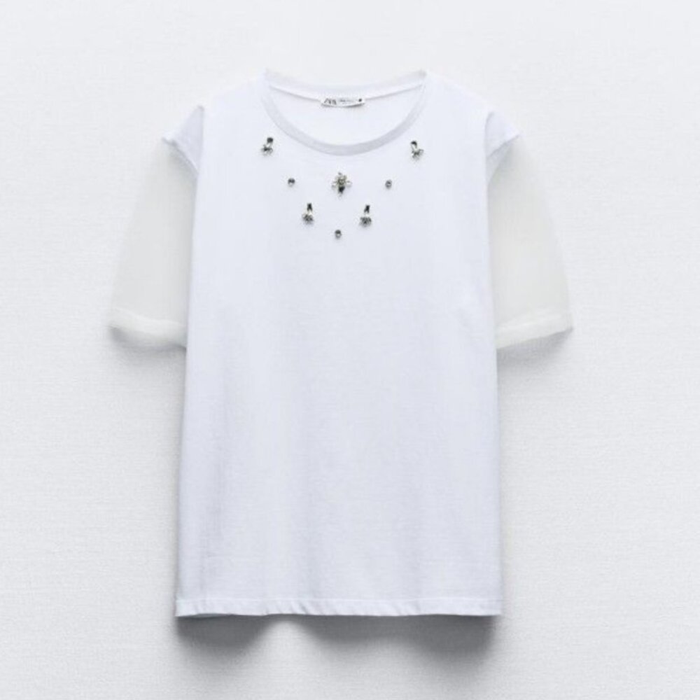 ✨‎ ZARA Sheer Organza Embellished Tee - New ✨